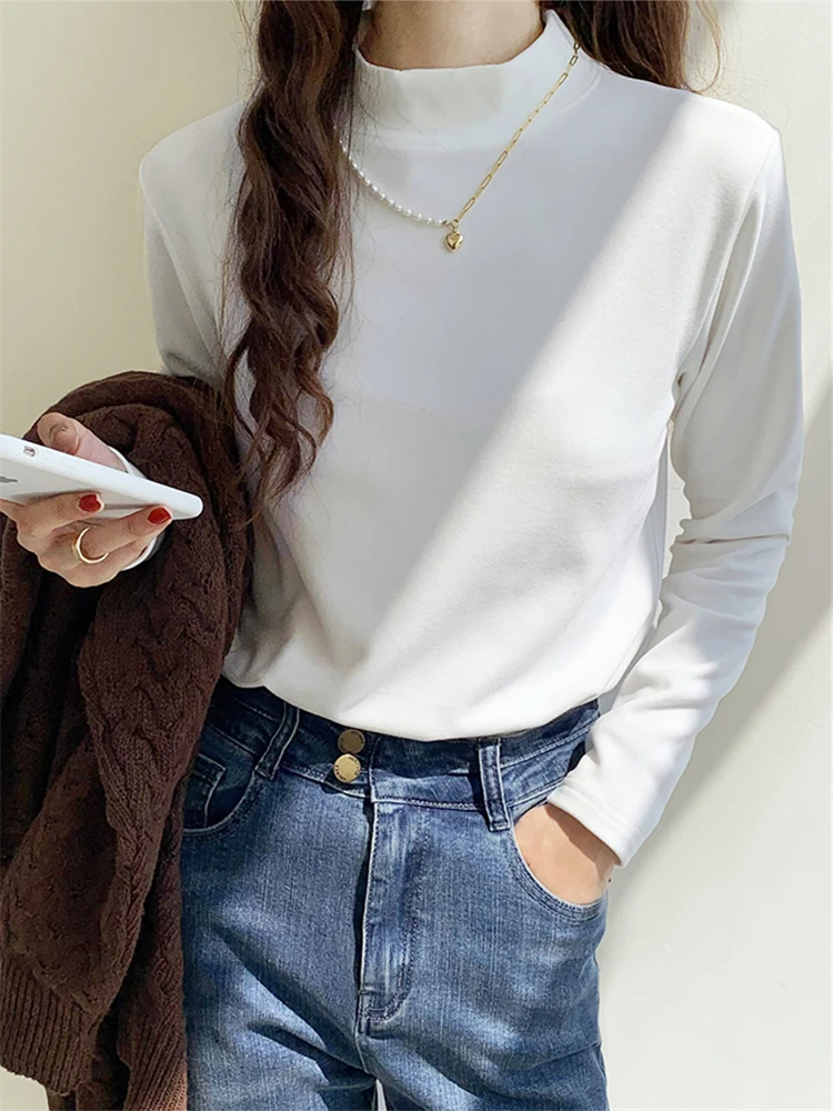 

Autumn Winter Velvet Women's T-Shirts 2022 New Long Sleeve Warm Half Turtleneck Casual Shirts Female Knitting Bottom Chic Tops