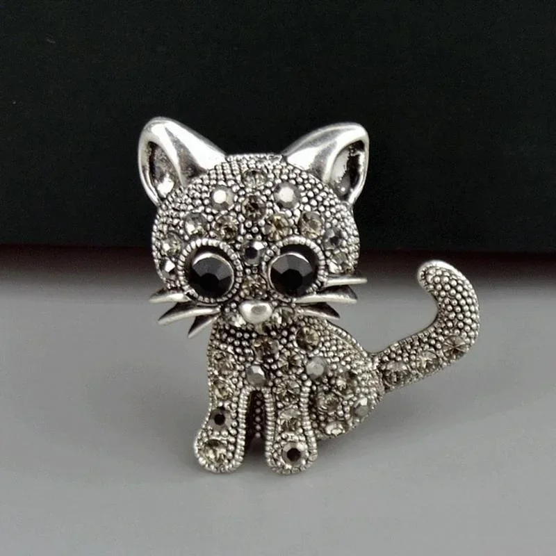 Little Cat Vintage Rhinestone Women Small Animal Party Casual Brooch Pins Gifts Clips Antique Silver Jewelry Accessories