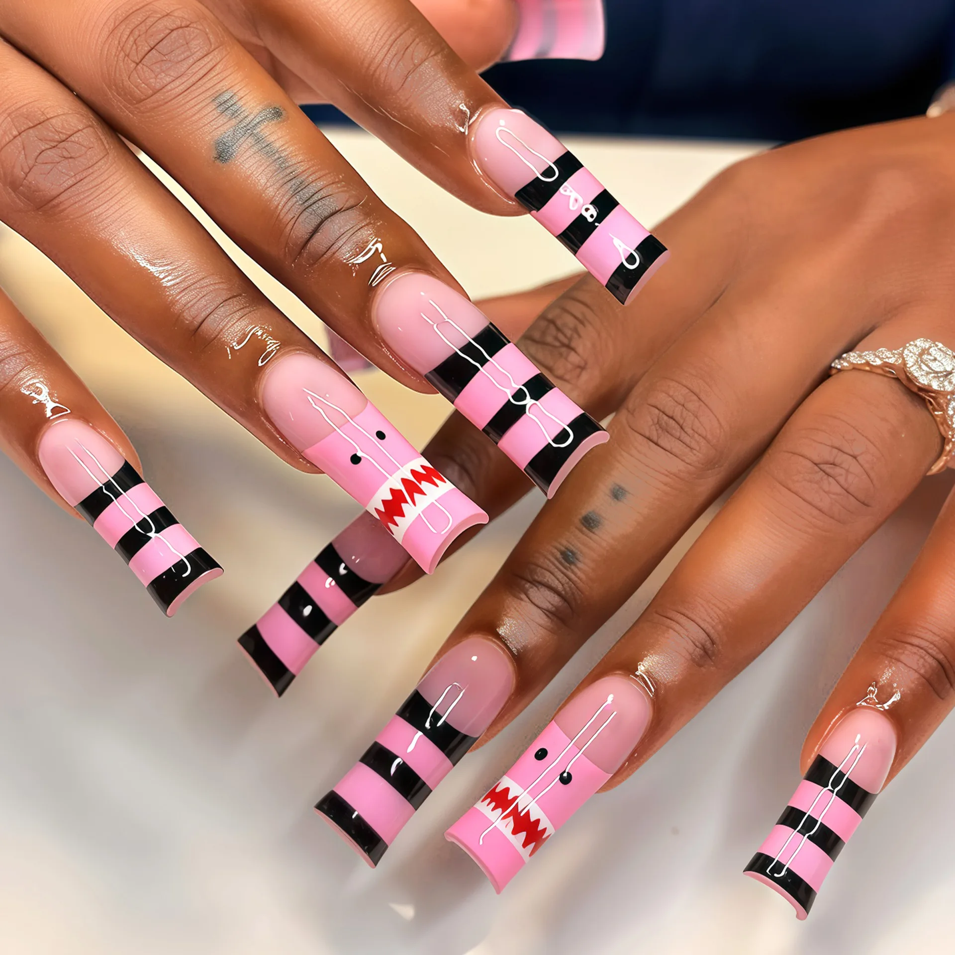 24pcs Long Coffin Press On Nails for Party Girls Wearable Pink Black Stripe Design False Nails European Ballet Fake Nails Tips
