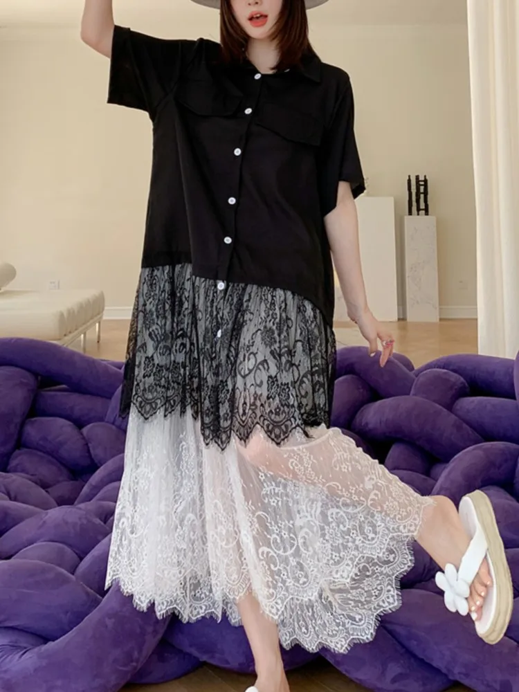Summer Fashion Women Cothes Turn-down Collar Short Sleeves Lace Spliced Single Breasted Shirt Dress Ladies Dresses Tide