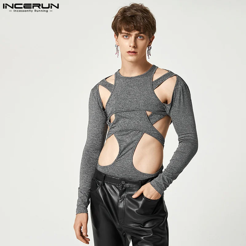 Sexy Leisure Style Loungewear Men\'s Hollow Onesies Stylish Male Jumpsuit Solid Long Sleeve Triangle Bodysuits S-5XL INCERUN 2023