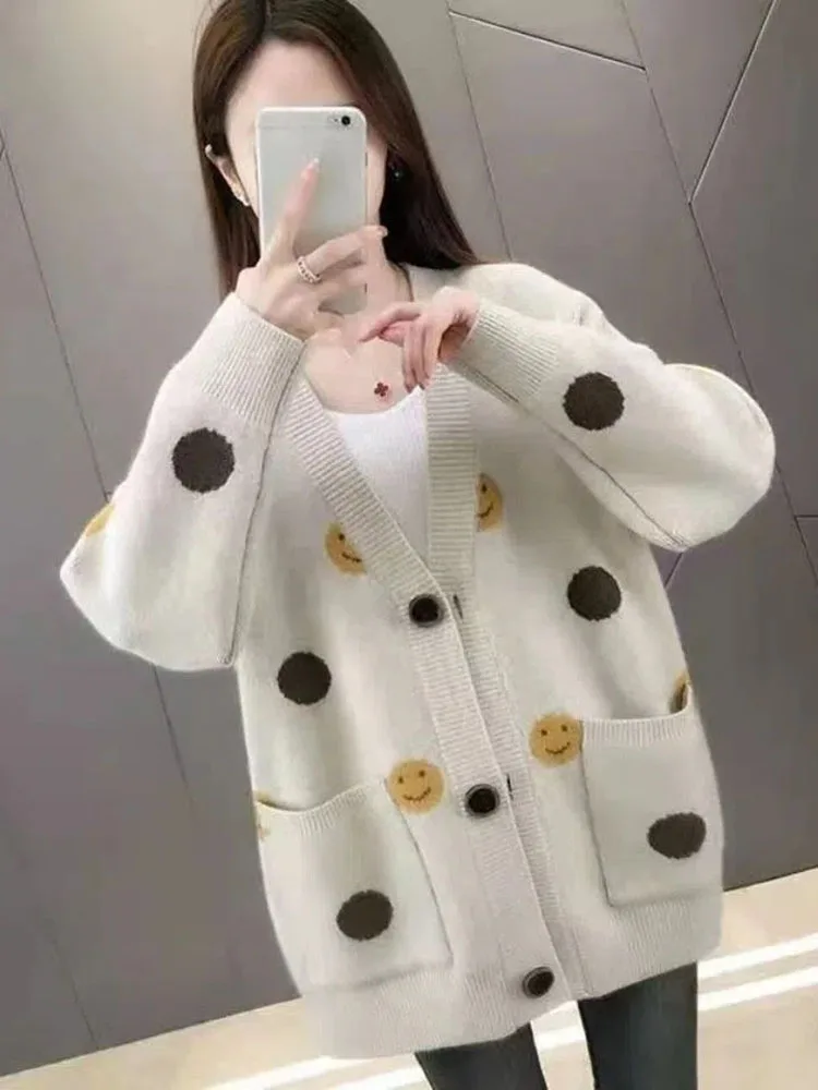 Autumn 2022 Women Sweater Cardigans Knit Jacket Korean Style Smiley Print V Neck Pocket Loose Sweaters Casual Cardigan Coat