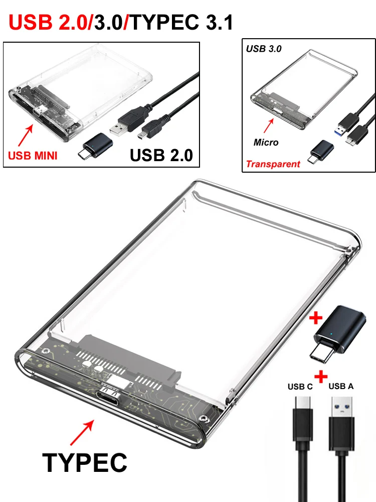 USB 3.0 MICRO/3.1 Type-C/2.0 MINI SATA Transparent HDD Enclosure Box 7mm/9.5mm 2.5 inch SSD Mechanical Mobile Hard Disk Case