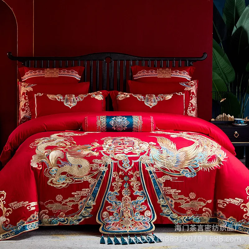 120 Thread Count Double Strand Long Staple Cotton Four Piece Set, Joyful Dragon Phoenix Drunken Beauty Multi Piece Set