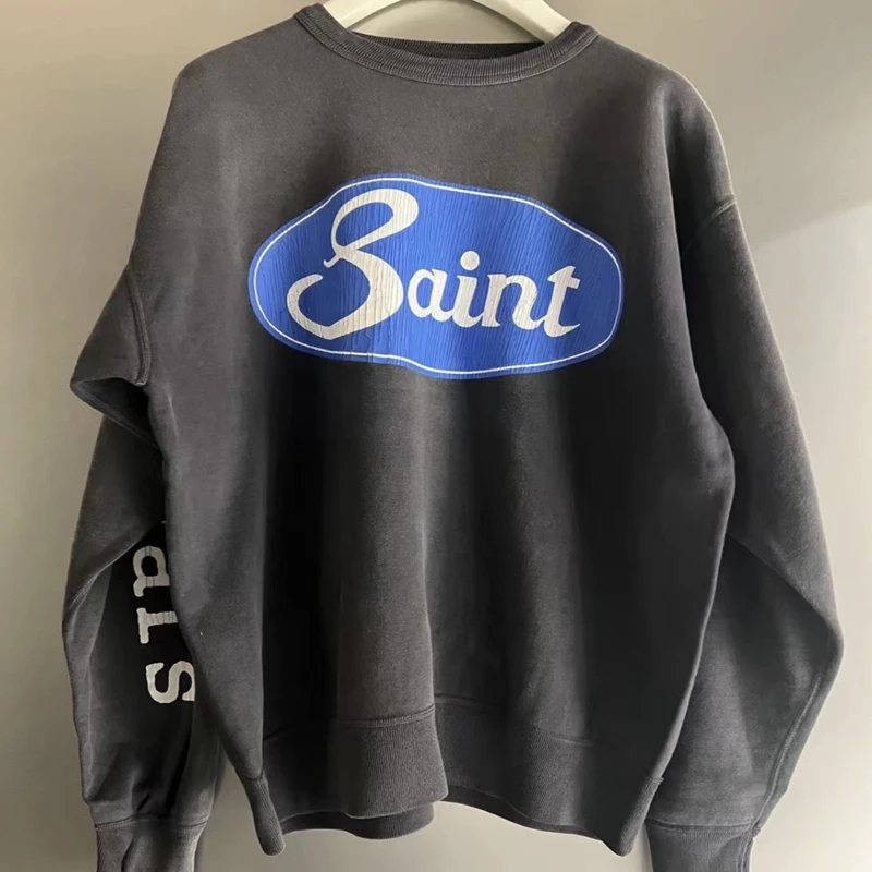 American Vintage SAINT Pullover Washed Do Old Letter Printed Crewneck Hoodie Comfortable Saint Sweatshirt Men Women Same Style