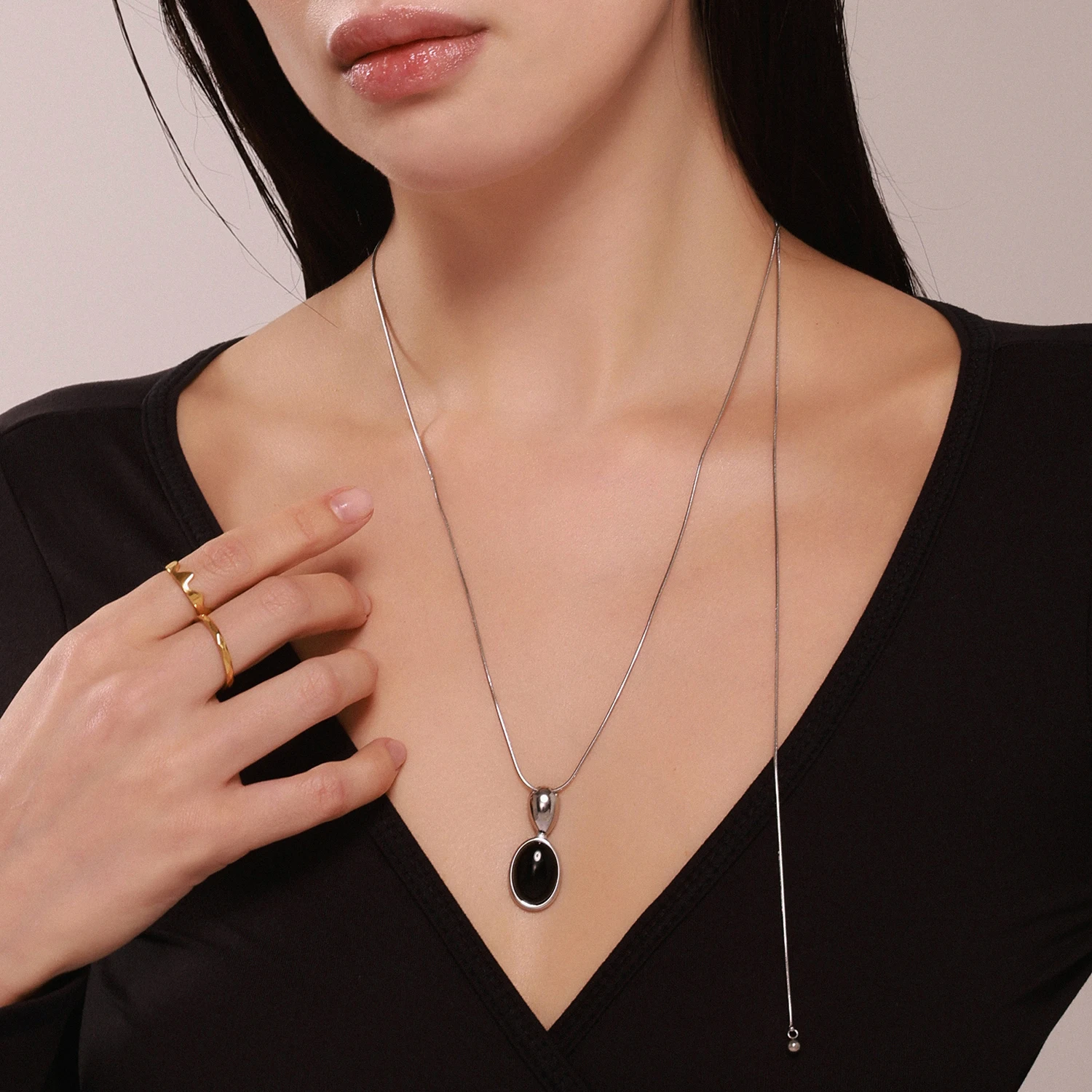 Women's Adjustable Long Pendant Necklace with Black Agate & Tiger Eye Stone