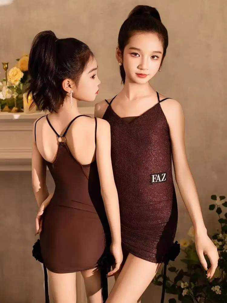 

New children's Latin dance practice wear girls professional training performance dress kids halter dance dress.