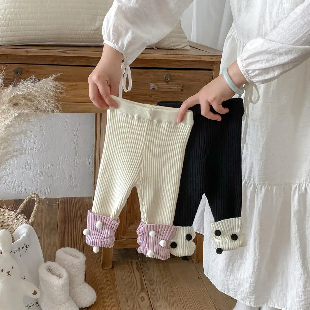 

Леггинсы для маленьких девочек 2025 года, осенние вязаные длинные брюки с принтом в горошек, эластичные мягкие брюки, штаны для младенцев, универсальные повседневные штаны