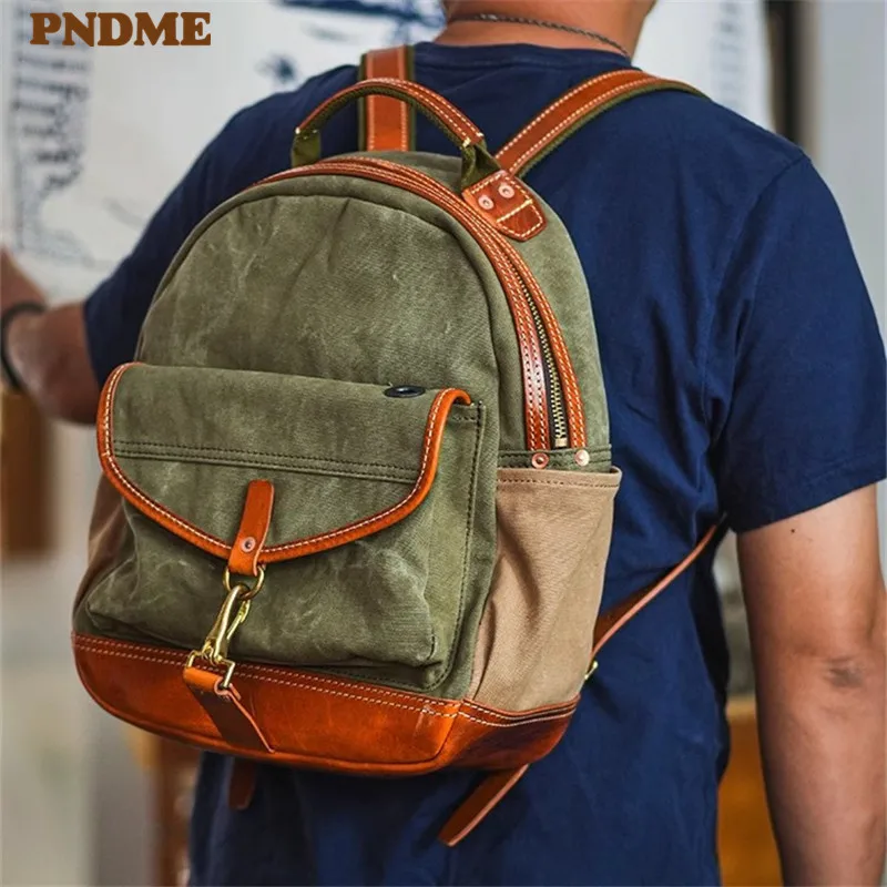 

PNDME Fashion Vintage Canvas Genuine Leather Men's Women's Backpack Designer Outdoor Weekend Travel Large-capacity Schoolbag