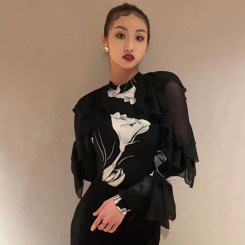 New Ballroom Dance Performance Clothes Black Long Sleeves Tops Women Waltz Dance Practice Wear Prom Social Dance Costume BL12229