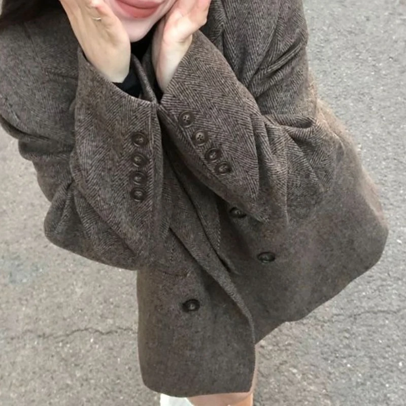 

High-end Vintage Coffee-colored Woolen Blazer for Women, Winter Niche Style, Loose and Casual, Thickened Wool Coat