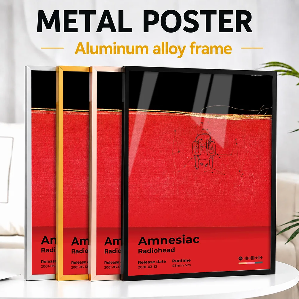 Radiohead Amnesiac Album Framed Aluminum Metal Poster Customized Typographic Wall Art For Home Studio, Record Collector Gift