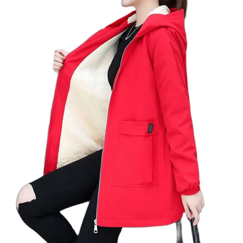 

Women Trench Coat2023 New Autumn Women's Fleece Jacket Coats Loose Hooded Mid Long Overcoat Zipper Pocket Female Basic Coat