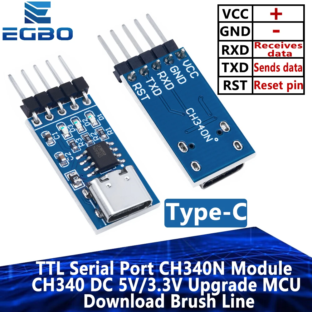 EGBO Type-C USB إلى منفذ تسلسلي TTL ، وحدة CH340N ، CH340 ، DC ، خط تنزيل الفرش ، ترقية MCU ، 5V ، V ، 1-10