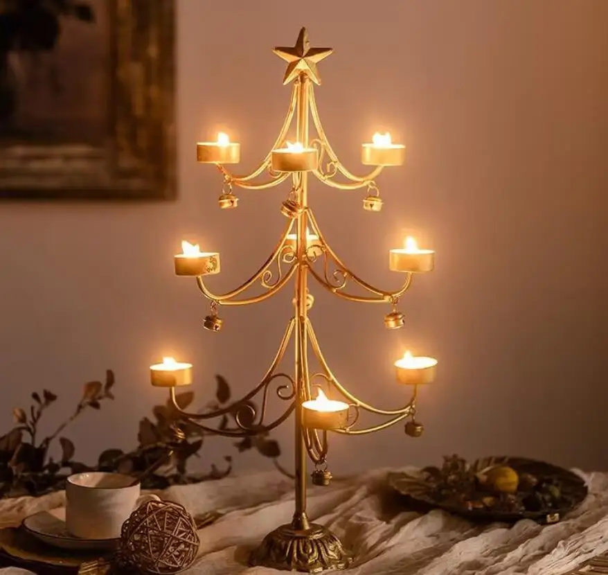 Christmas Tree Design French Rustic Vintage Counter Decoration Metal Candle Holder with Bells