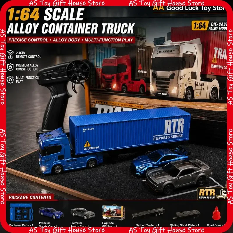 Rtr 1 64 Scale Rc Trailer Truck Alloy Remote Control Container With Flatbed Diy Includes Two Mini Sports Cars Gift For Adults