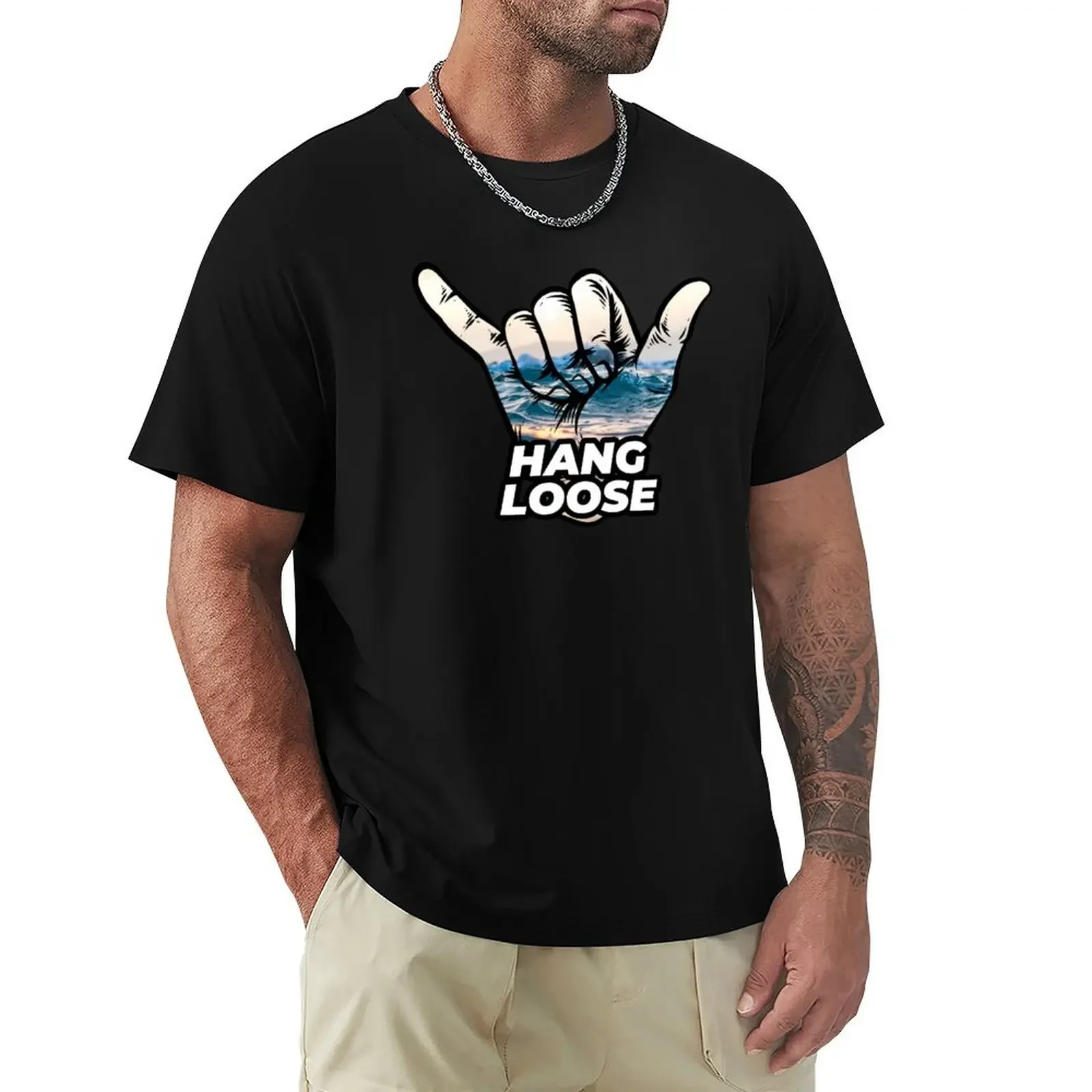 T shirts for men graphic Hang Loose Ocean Waves In Shaka Hand Drawing T-Shirt boys whites heavyweights customizeds men clothing