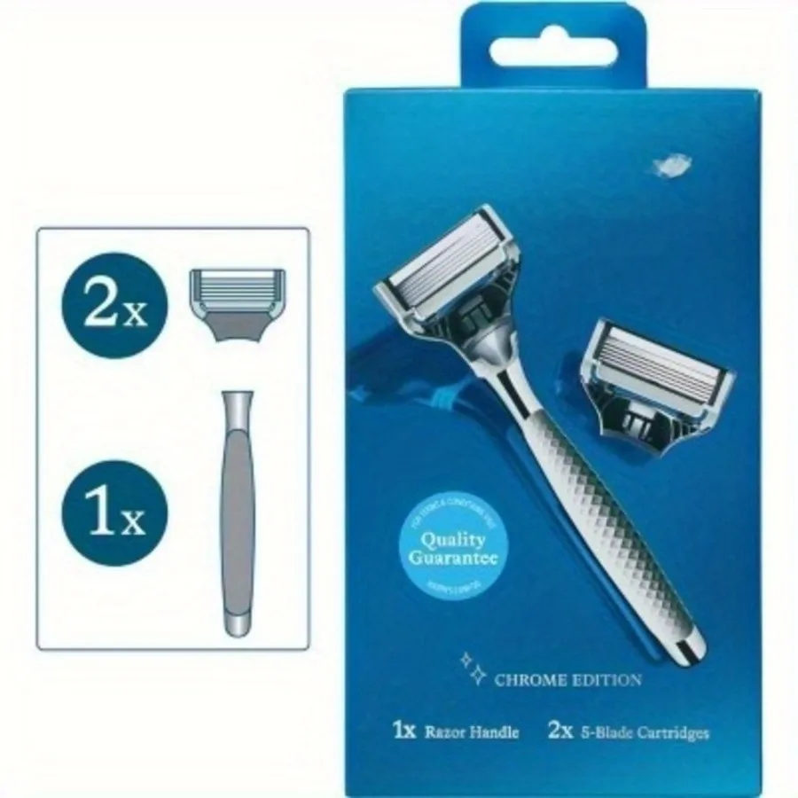 

Мужская бритва с 5 лезвиями — 1 ручка для бритвы + 2 сменных лезвия — хромированная ручка