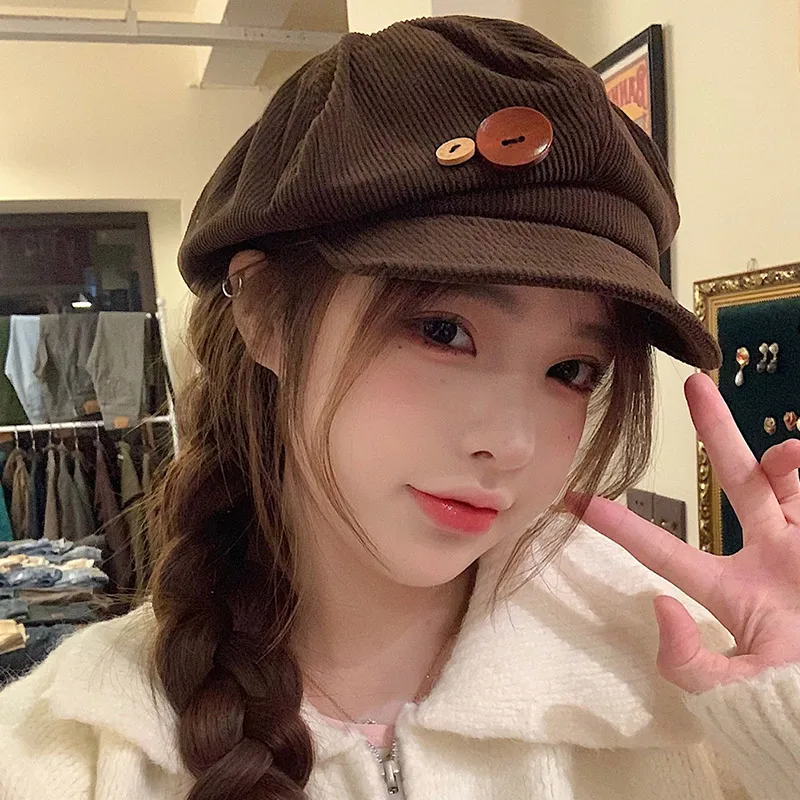 Retro Kapelusz Ośmiokątny z Sztruksu dla Kobiet, Kapelusz Malarski Artystyczny, Japońskie Dziewczyny, Brązowe Czapki z Daszkiem, Jesienno-Zimowe Berety