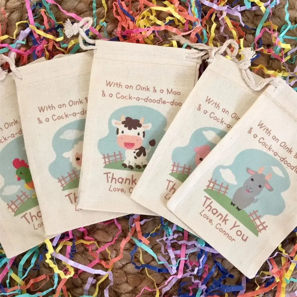 

25PCS Farm Animal Party Favor Bags / With An Oink and A Moo & a Cock-a-doodle-doo - Custom Muslin Cotton Bags (Item 16