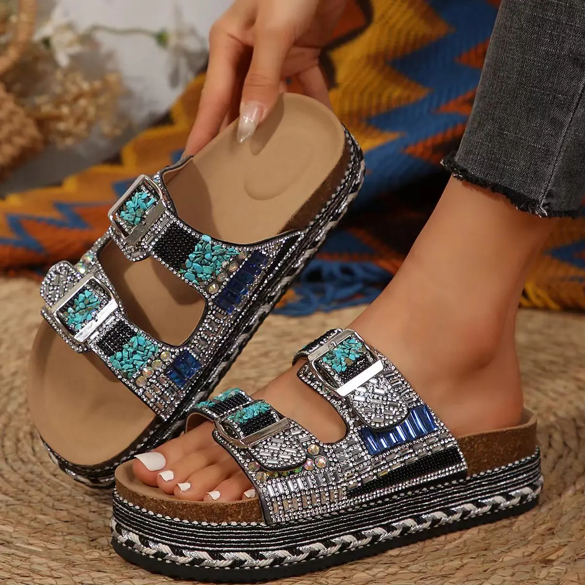 New Women\'s Rhinestone Thick Sole Twine Double Buckle Sandals, Soft Comfortable Women\'s Beach Slippers Large size YM4-928-1