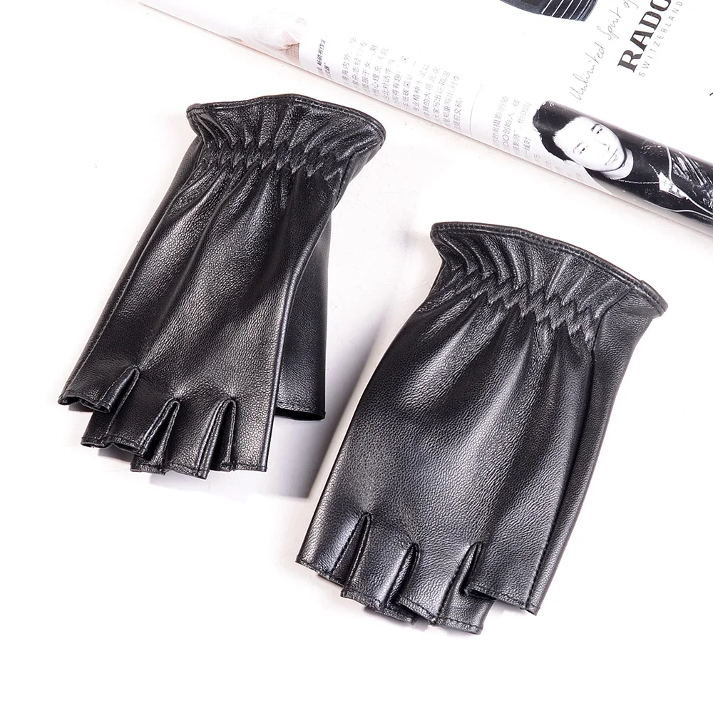 Women's Girl's Real Leather shrink Wrist Fashion Tactical Fingerless Half Fingers Driving Riding Mittens Gloves