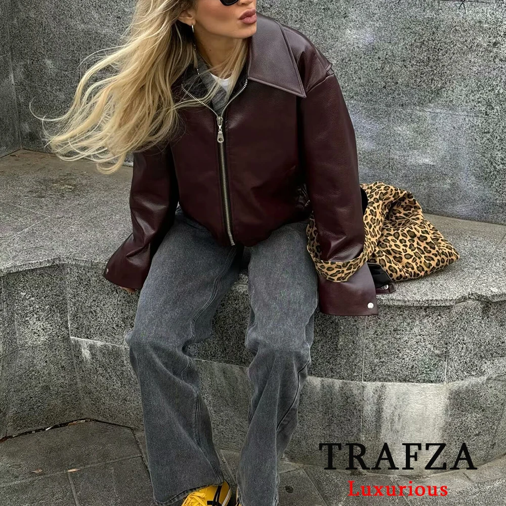 TRAFZA Street Leather Women Jacket Vintage Fashion Zipper Long Sleeve Pu Female Coats 2024 Autumn Turn-down Collar Lady Outwears