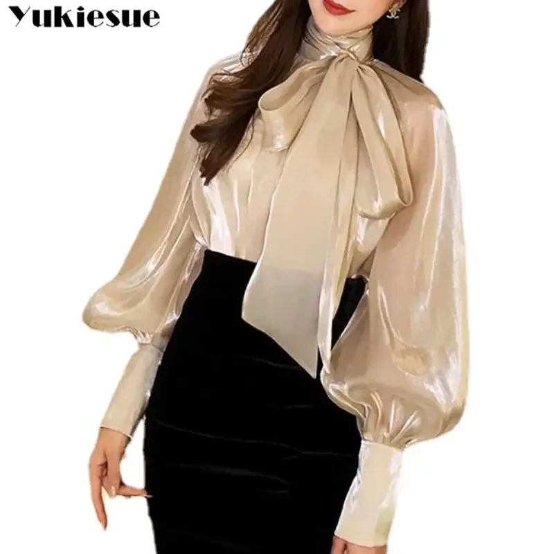 Summer Spring France Solid Color Shirts Designer Ruffles Neck Lantern Sleeve Women Blouses Bowknot Silky Elegant Top Temperament