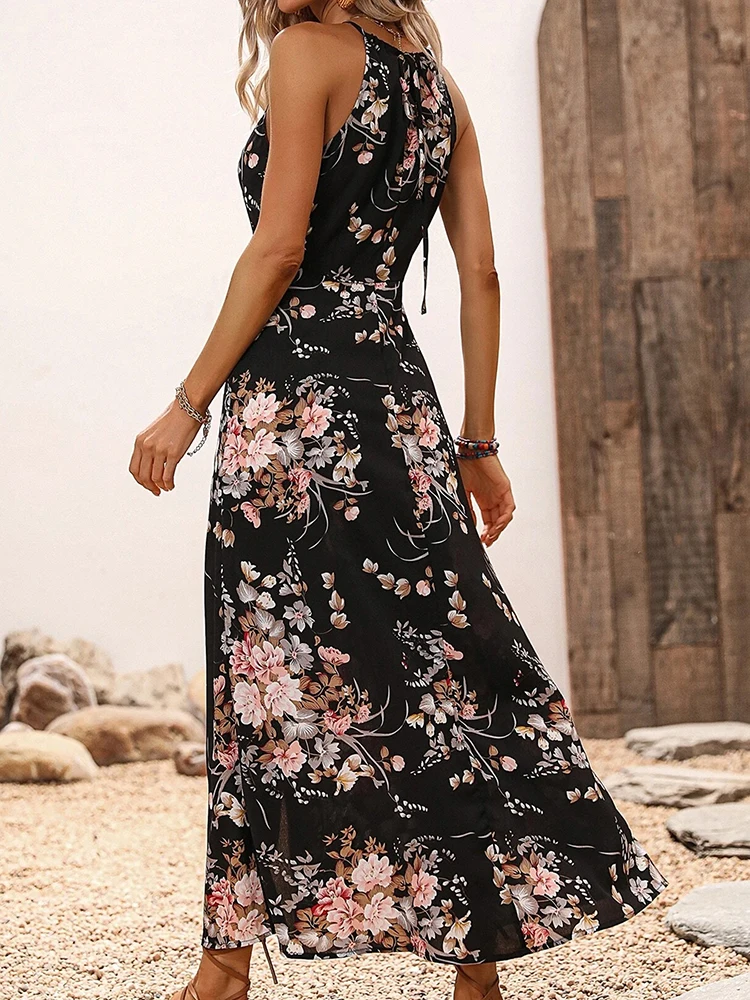

Summer Print Halter Neck Dresses Women Fashion Backless Sleeveless A-line Dress Beach Vacation Style Dress Vestidos