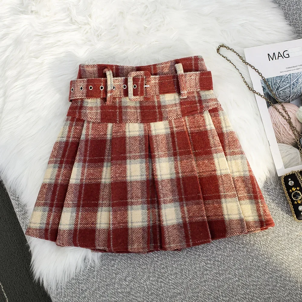 Pretty Style Spring Autumn Women Plaid Mini Tweed Skirt High Waist Schoolgirl Sweet Kawaii A-Line Short Thick Pleated Skirts