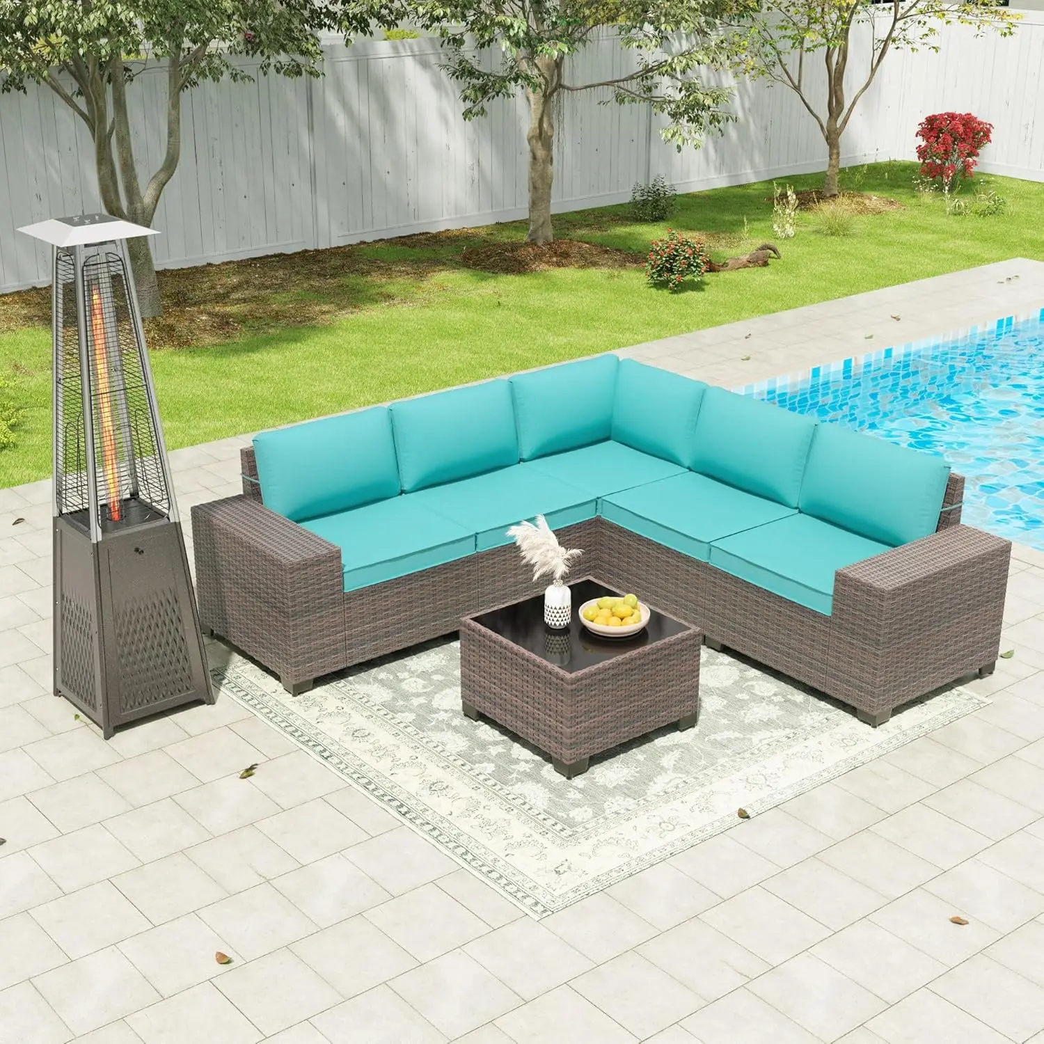 

Outdoor Patio Furniture Set with with Outdoor Pyramid Patio Heater,PE Wicker Rattan Sectional Sofa Patio Conversation Sets