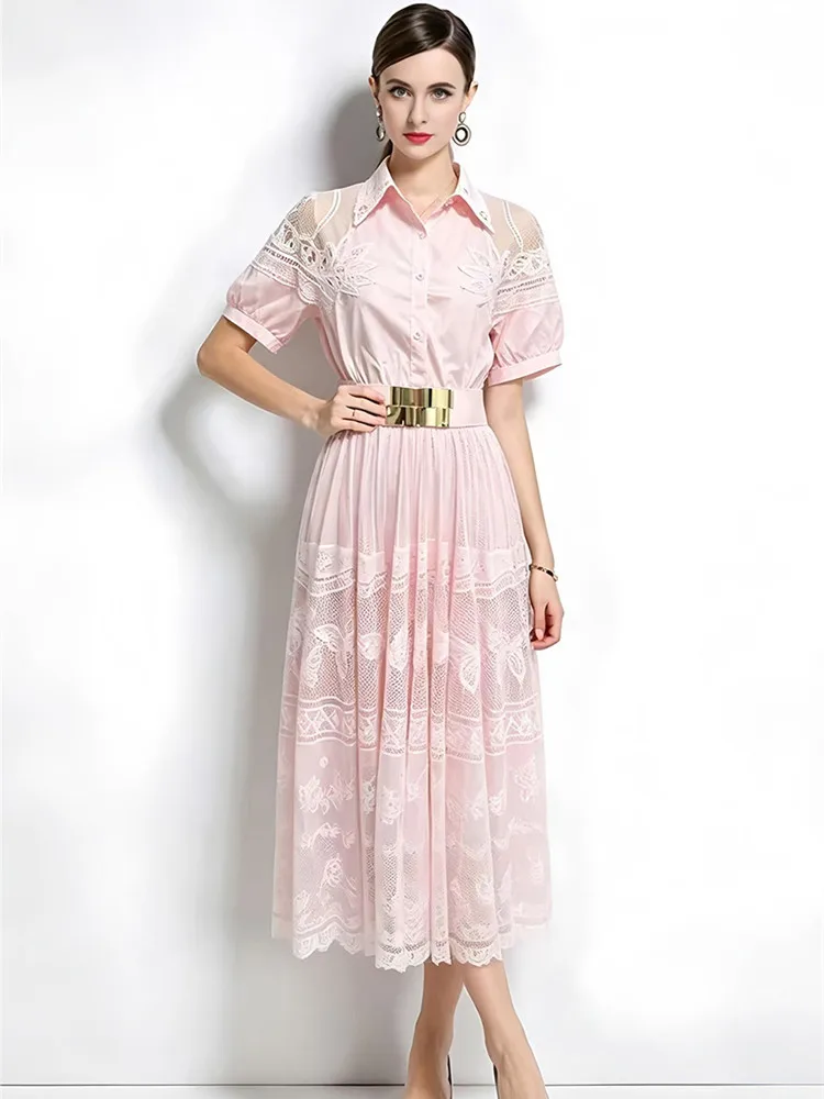 Women's Embroidery Lace Shirt Dresses Turn Down Collar Elastic Waist Short Sleeve Lace Spliced Elegant Summer Dress Female