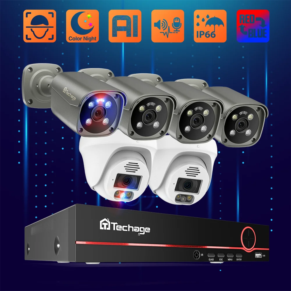 

Система видеонаблюдения Techage H.265 8CH 8MP PoE с NVR, распознаванием лиц, двусторонней аудиосвязью, Ultra HD 4K, для наружного использования