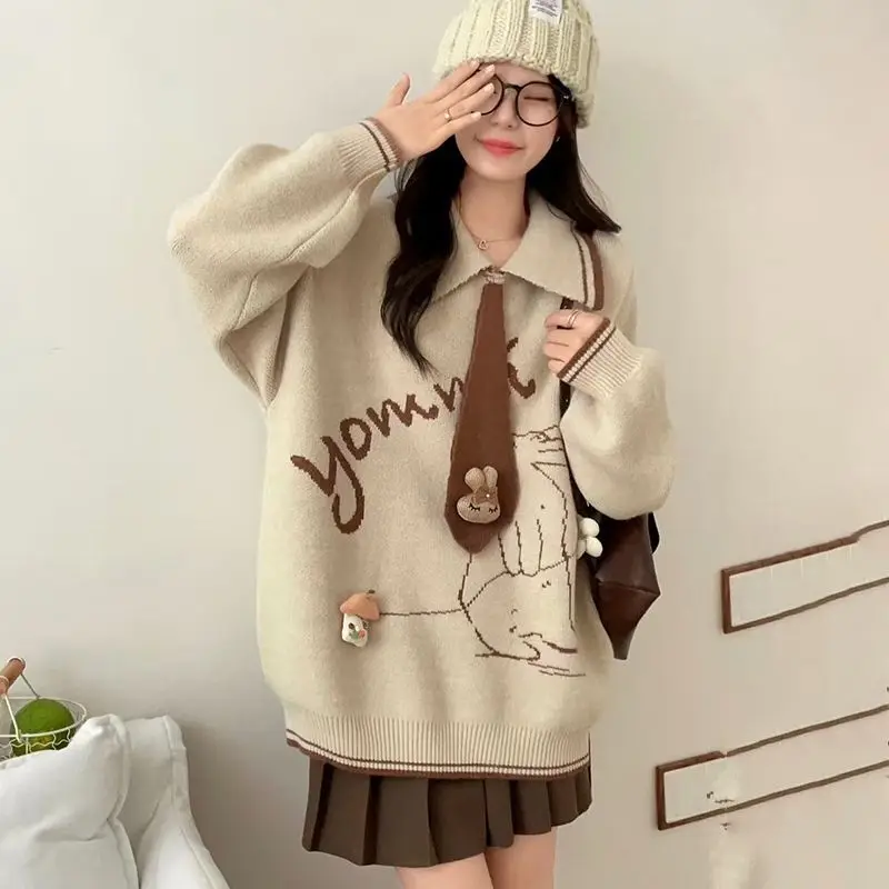 

Japan Lazy College Style Tie Pullover Sweater For Women'S Autumn Winter Outer Wear Loose Version Age-Reducing Sweater Jacket Top