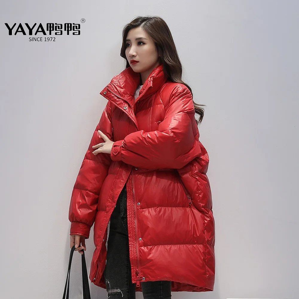 

YAYA Women's Winter 90% White Duck Down Jacket Simple&Thicken Warm Parkas Green/Red/Black Stand-up Collar Loose Down Jacket