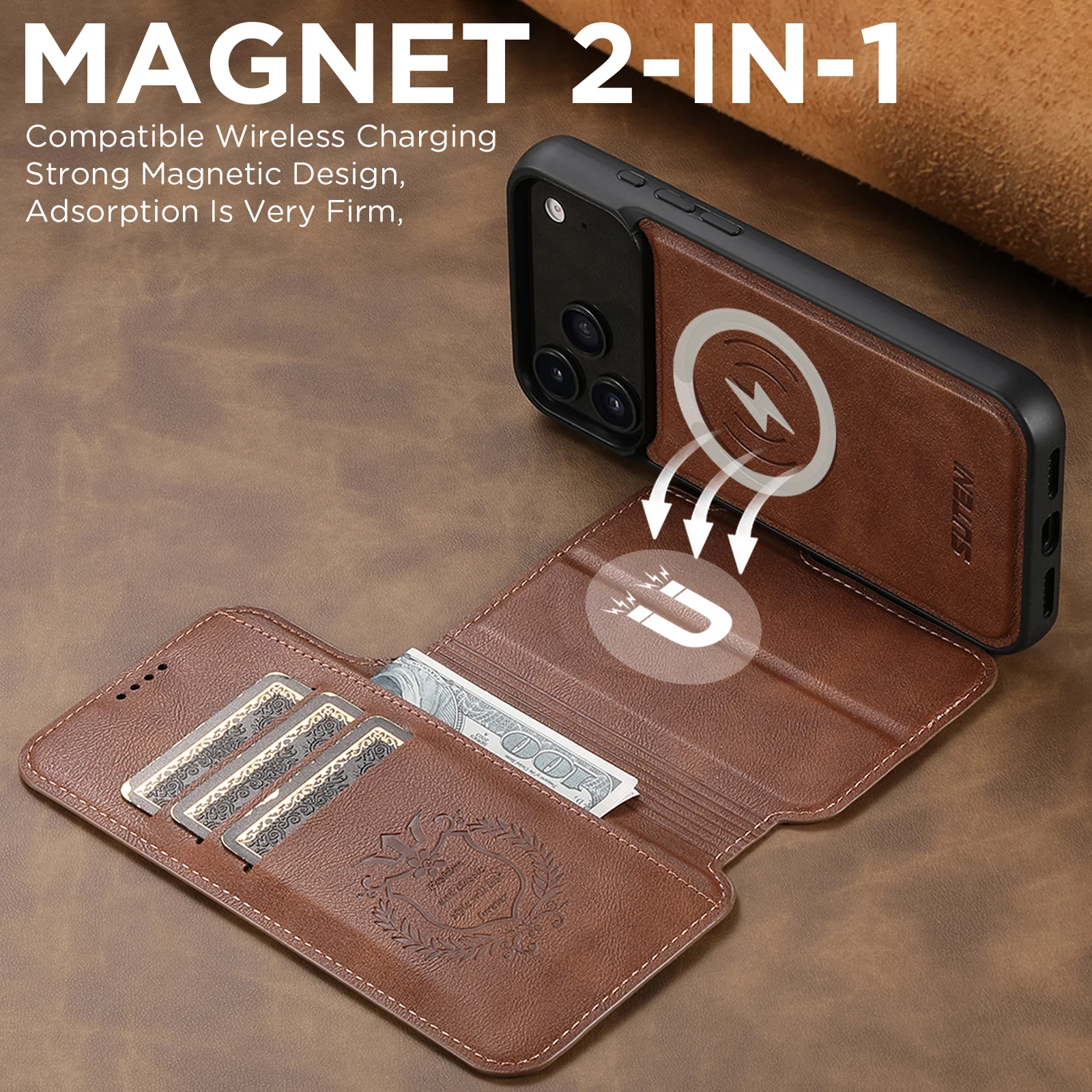 SUTENI Kunstleder Kabelloses Ladegerät Kartenhalter Ständer Brieftasche Magnetische Klapphülle Handyhülle für iPhone 18 Pro Max 17 16 15 14 – Detail 21