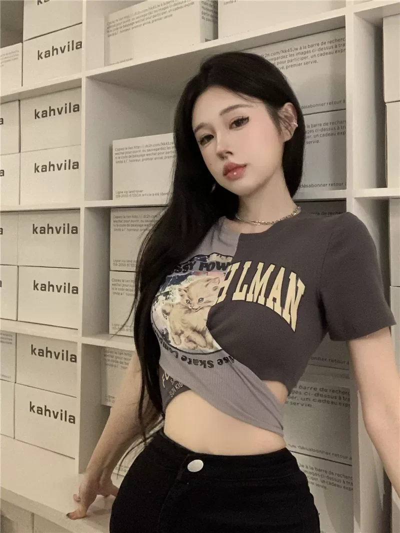 Korean Japanese style irregular split t-shirt for women, high waist tie cutout crop top, unique design salt streetwear summer