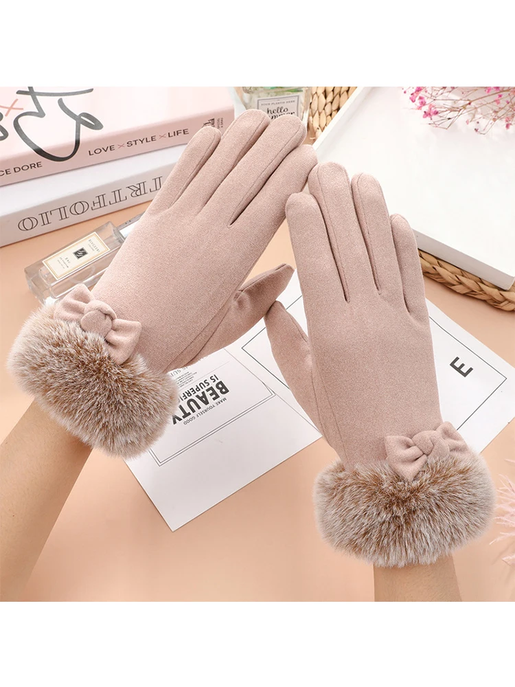 AliExpress DANJIU Women Winter Keep Warm Touch Screen Plus Cashmere Thicken Gloves Cycling Drive Elegant Bow Plush Wrist Anti Slip Windproof