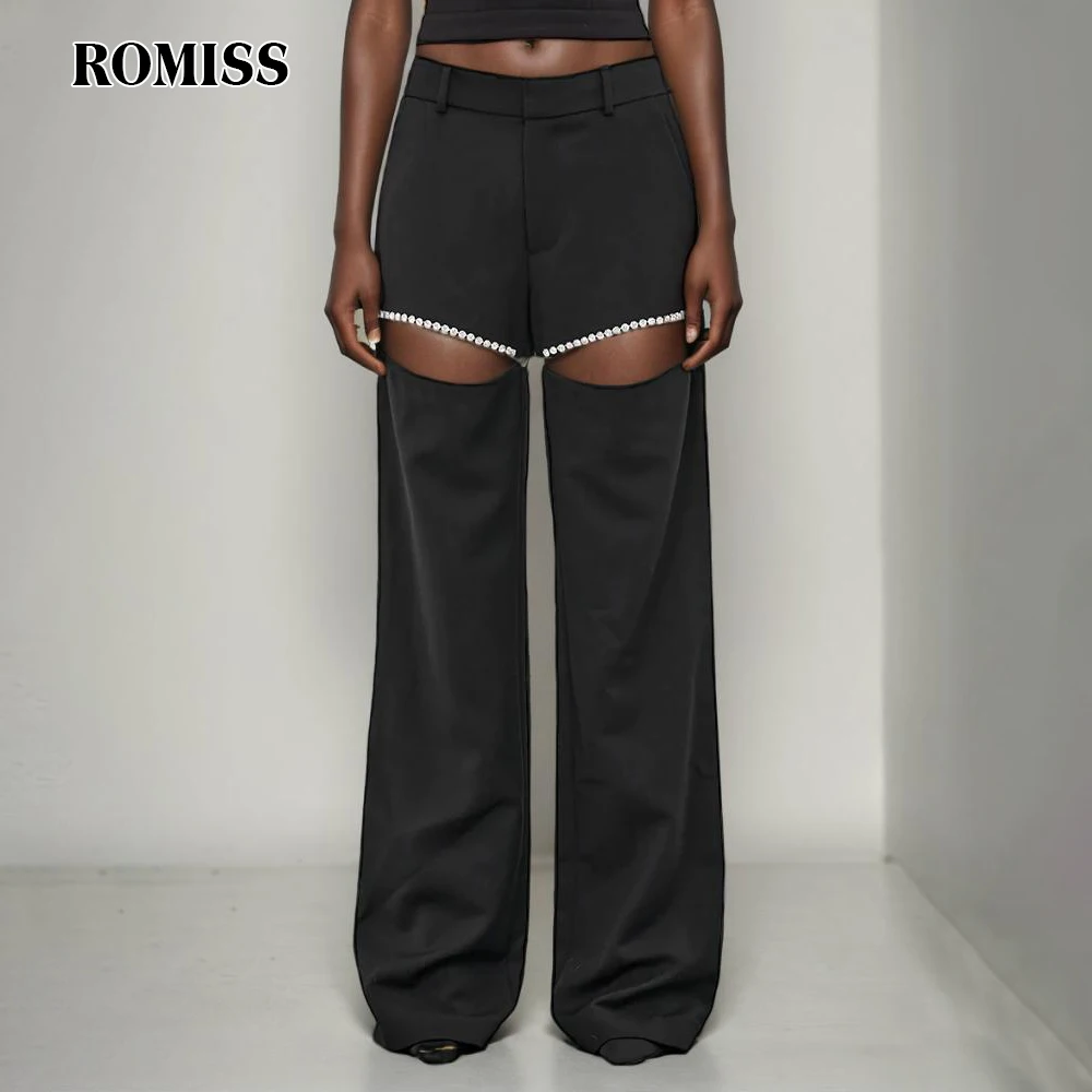 

ROMISS Patchwork Diamonds Pant For Women High Waist Loose Casual Hollow Out Solid Streetwear Wide Leg Pant Female Fashion