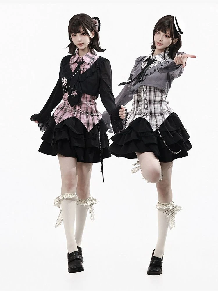 Japanese Harajuku Y2K Pink Black Plaid Ruffle Tiered Cake Skirt 3 Piece Set Women Bell Sleeve Outfit Summer Daily Party Wear