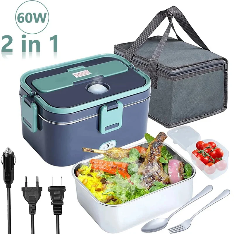 

60W Fast Heated Dual Use Electric Lunch Box Portable Stainless Steel 220V 110V 24V 12V Car Picnic Food Warmer Container Large