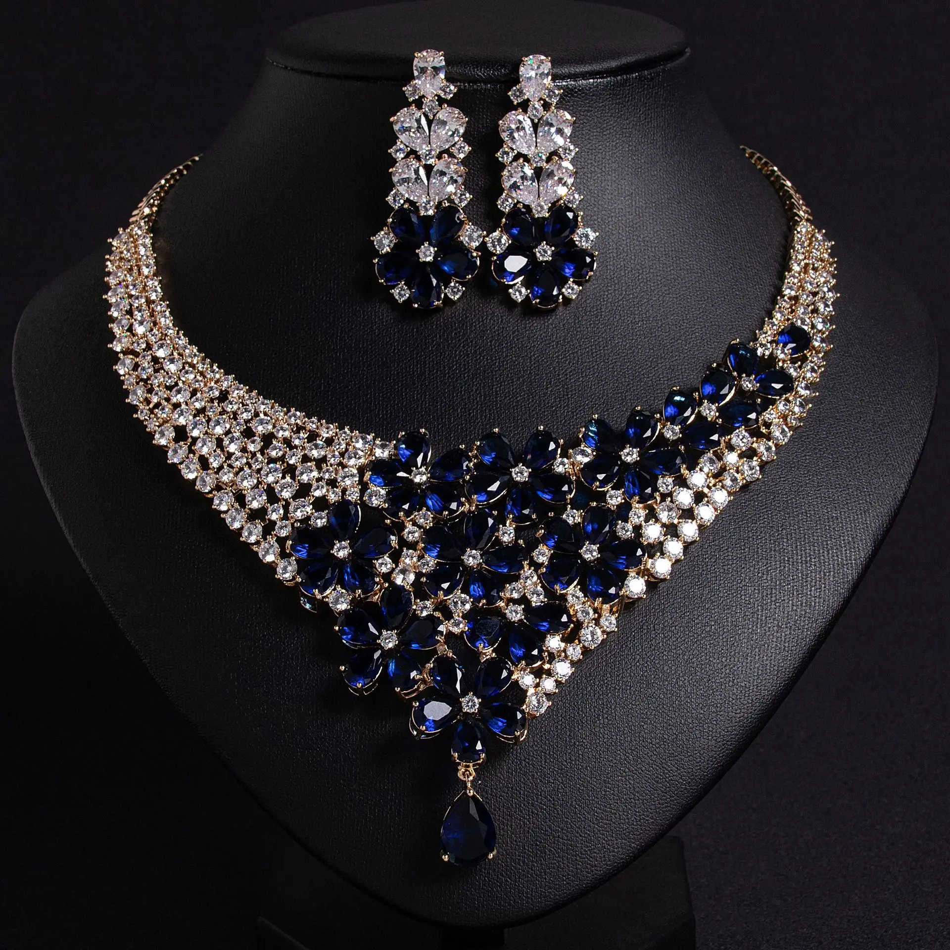 Luxury Colorful Flower Necklace Earrings 2Pcs Set Inlaid Cubic Zircon Glitter Powder Women Bridal Evening Dress Party Jewelry Gi