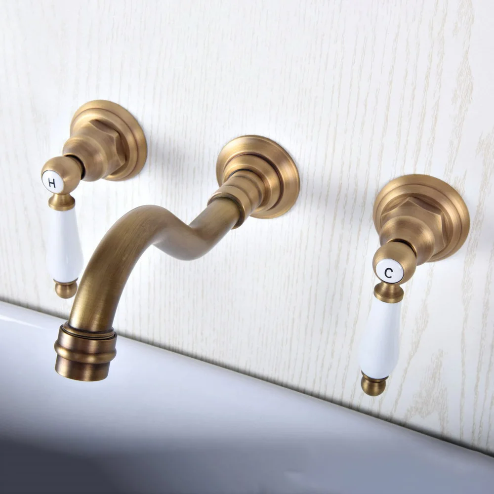 

Настенный смеситель для раковины tsf509, античный латунный, с 3 отверстиями, двойная керамическая ручка, настенный кран для ванной комнаты, для горячей и холодной воды