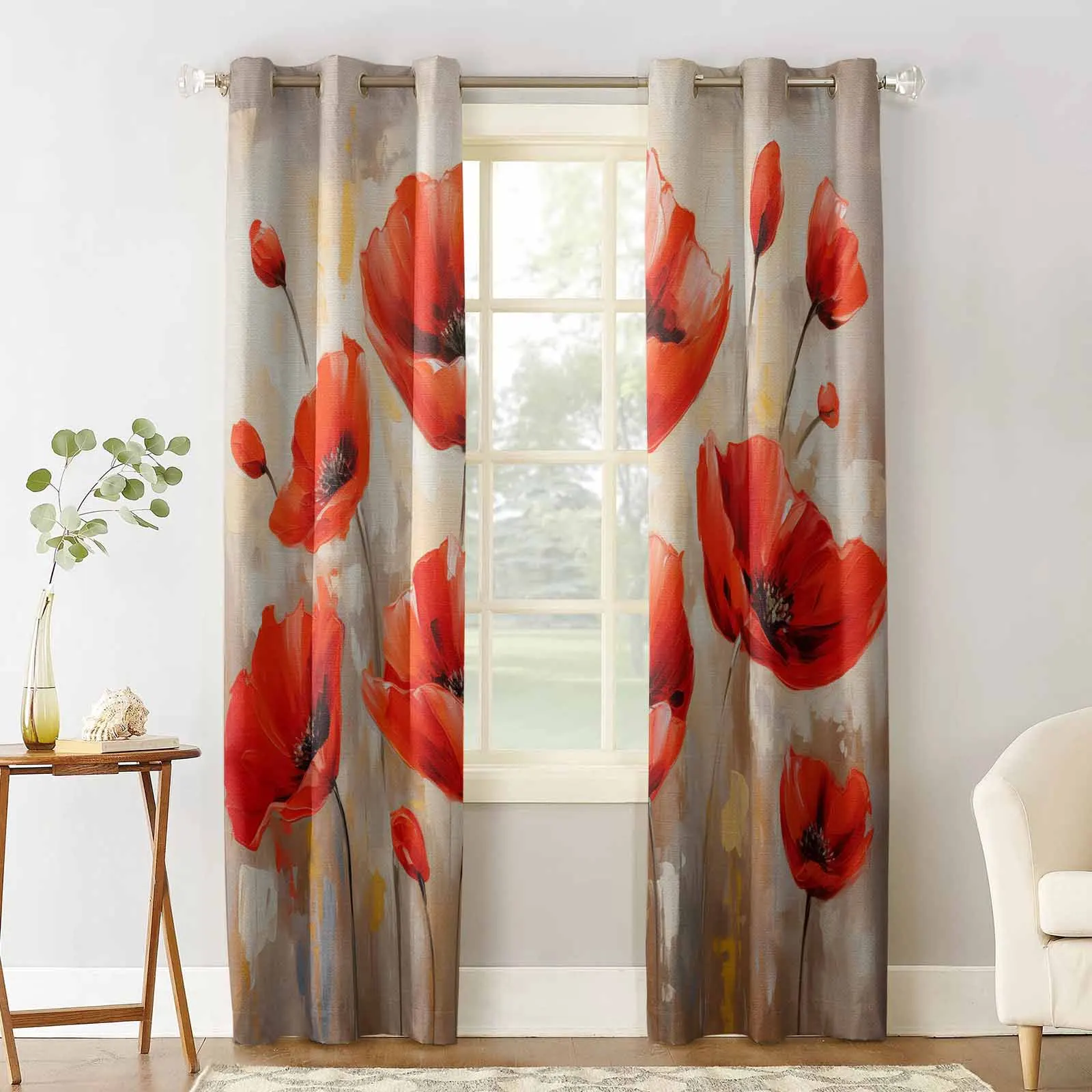 Spring Watercolor Poppy Flower Plant Window Curtains for Living Room Kitchen Curtain Bedroom Decorative Window Treatments