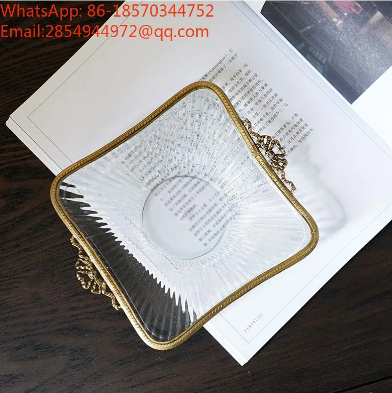 Retro and Old Brass Edge Glass Shallow Square Plate, American Light Luxury Jewelry Storage Plate