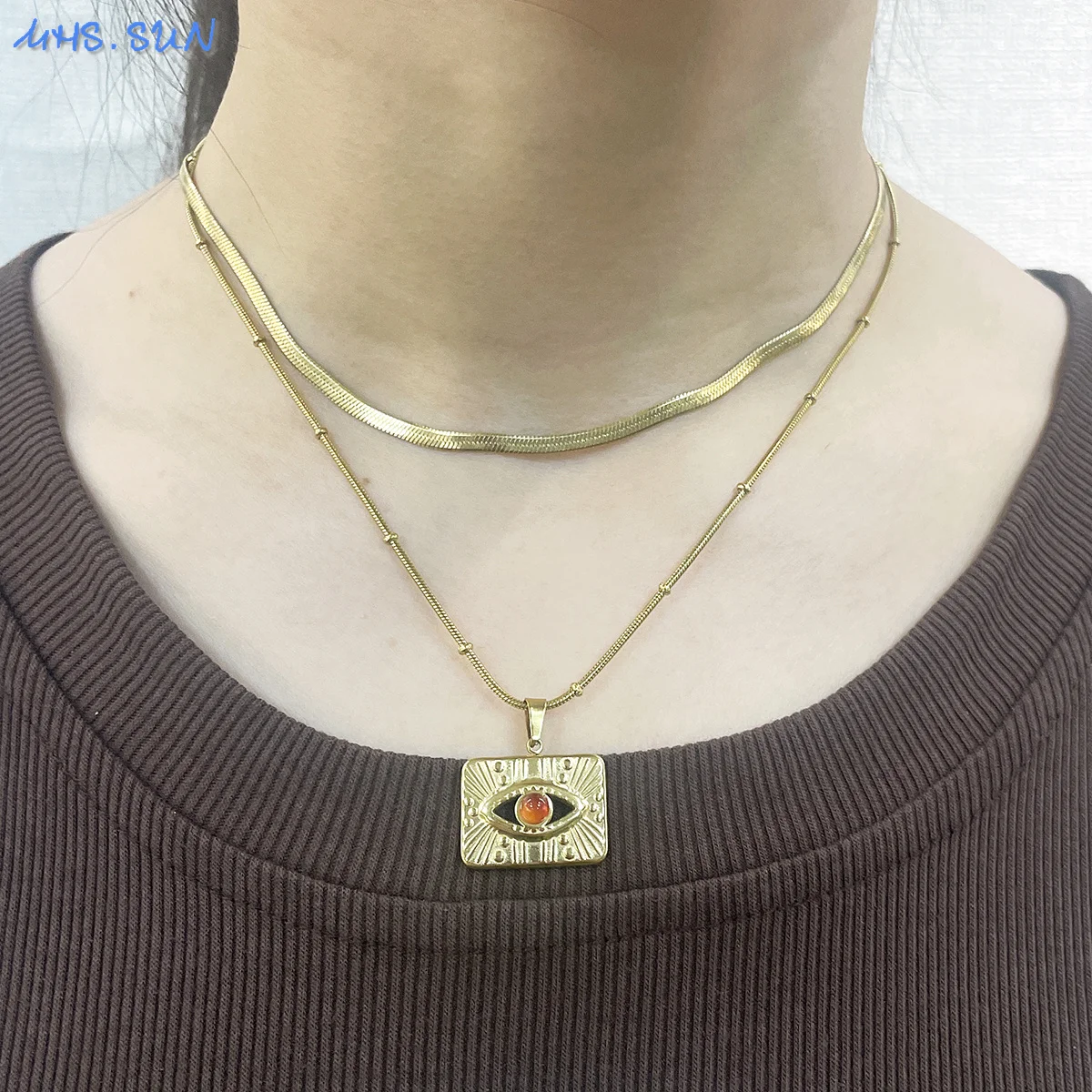 MHS.SUN Gold Plated Square Turkish Evil Eye Pendant Necklaces Stainless Steel With Natural Stone Lucky Jewelry Gift For Women