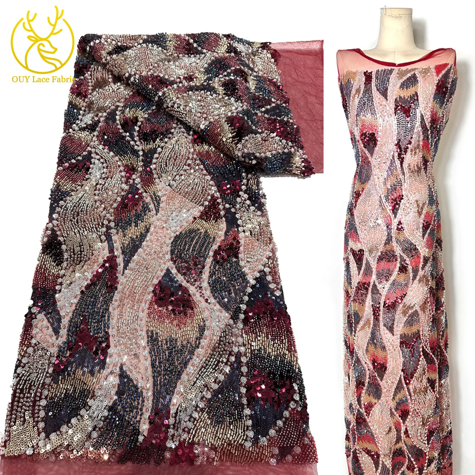 

Latest Luxury Colorful Beaded Lace Africa 2025 High Quality French Handmade Sequin Fabric Nigerian Women's Evening Dresses