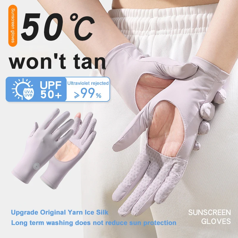 Guantes de protección solar para mujer, manoplas transpirables con palma hueca Anti ultravioleta, dedos abiertos, pantalla táctil, seda de hielo, Verano