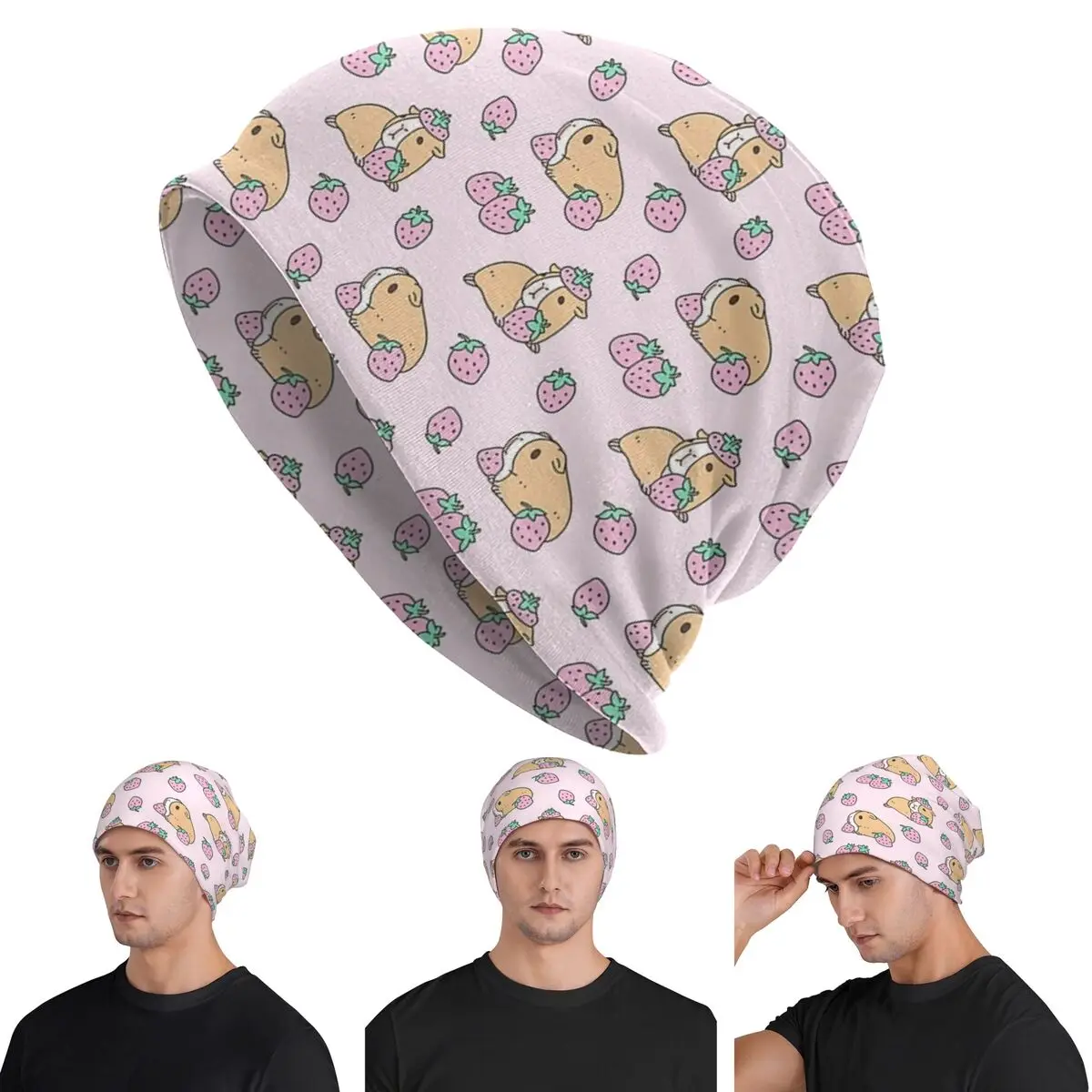 

Розовая морская свинка и клубничный узор, шапки Skullies, теплая осенне-зимняя уличная шапка, вязаные шапки для мужчин и женщин