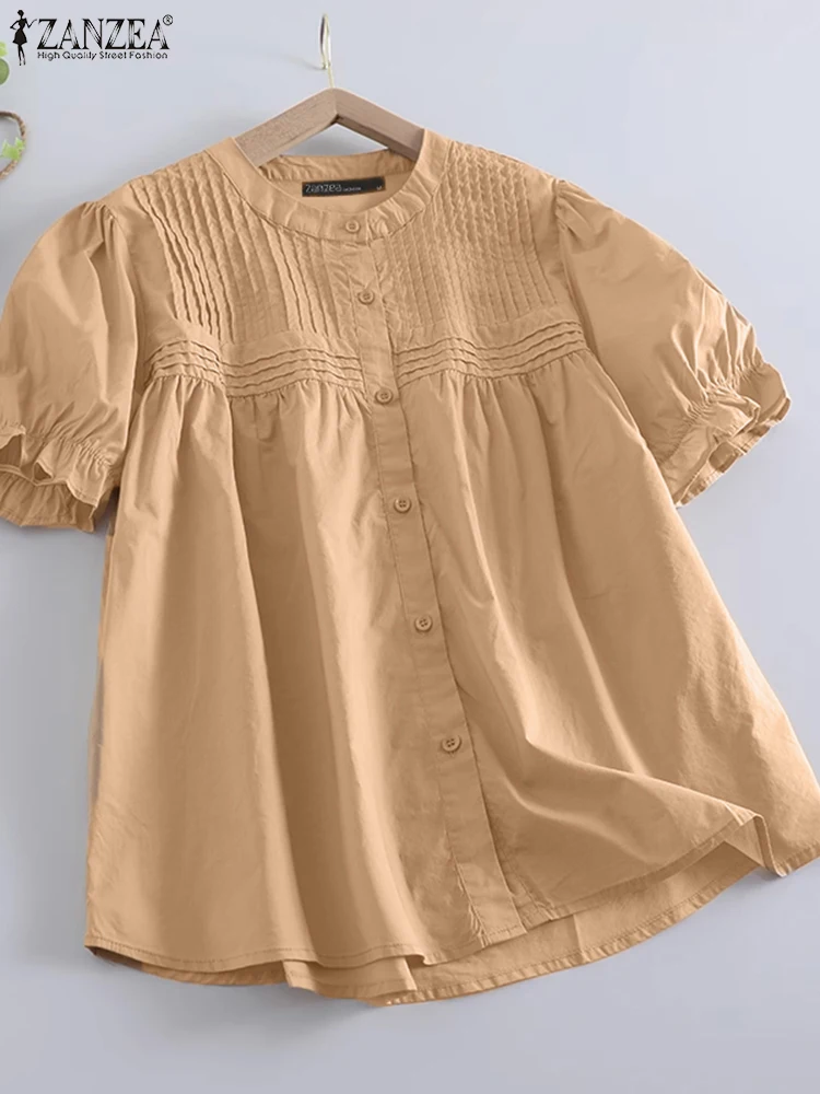 

ZANZEA Summer Elegant Solid Shirts Women Elegant OL Work Blouse Casual Short Sleeve Pleated Tops Buttons Chemise Female Blusas